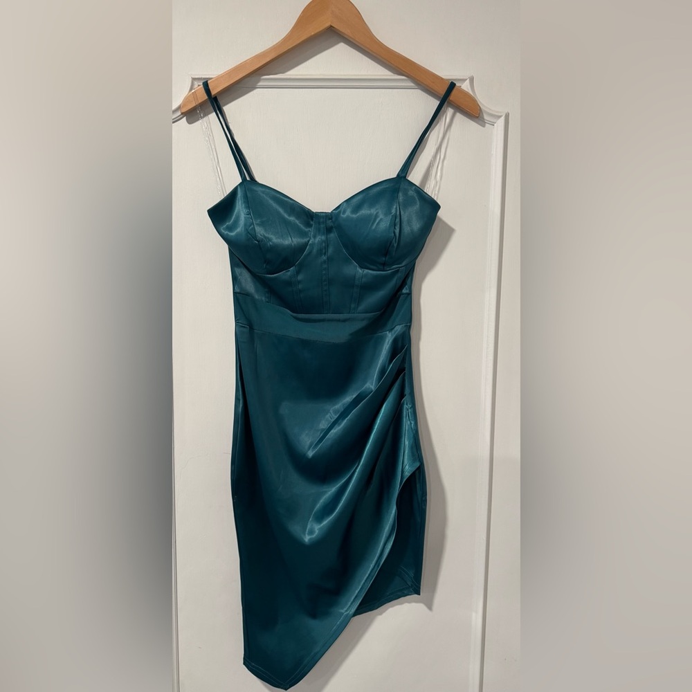 Privy Corset Top Fitted Green Satin Dress with Sheer Front Bustier Panel - XS